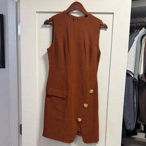 Commense Sleeveless Mini Dress in Rust with Gold Buttons